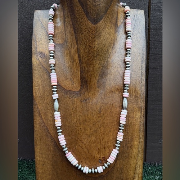 Sterling Silver Pink Conch W Multi Bead Pearls Necklace. 24 inch. Gift